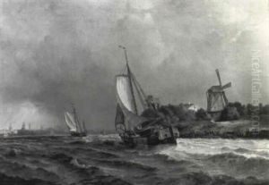 Sejleskibe Naer Kysten Udfor Hollandsk By by Hans Emil Jahn