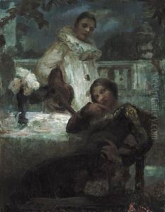 Bajazzo Mit Gitarre Und Dame Auf Abendlicher Terrasse by Frantisek Jakub