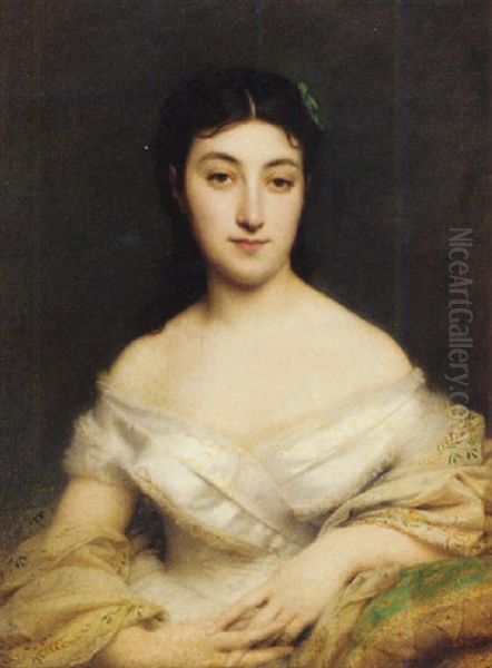 Portrait Of A Young Lady In A White Dress, Seated, Clad In An Embroidered Chiffon Shawl - view 1