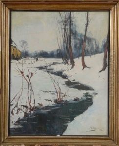 Paysage Au Ruisseau Sous La Neige by Armand Gustave Gerard Jamar