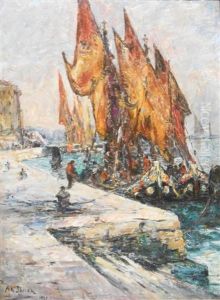 Barques De Peche Au Quai Des Esclavons A Venise by Armand Gustave Gerard Jamar