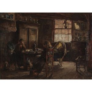 A Mother And Her Children In A Cottage Interior