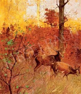Deers In The Autumn Forest by Lajos (Louis) Jambor