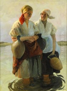 Two Women Collecting Water by Lajos (Louis) Jambor