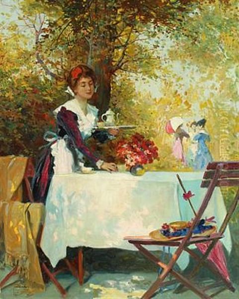 Garden Scenery With Young Woman Serving Coffee - view 1