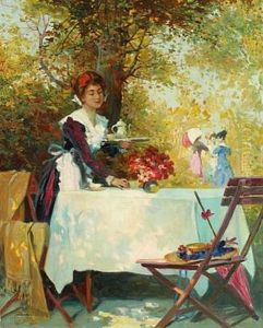 Garden Scenery With Young Woman Serving Coffee