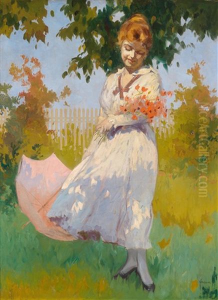 Junge Frau Im Garten Mit Sonnenschirm - view 1