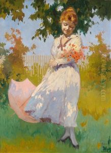 Junge Frau Im Garten Mit Sonnenschirm by Lajos (Louis) Jambor