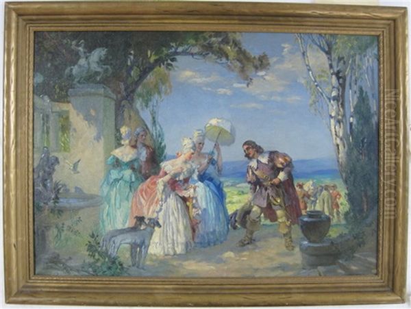 French Garden Landscape With Musketeer Greeting Two Ladies - view 1
