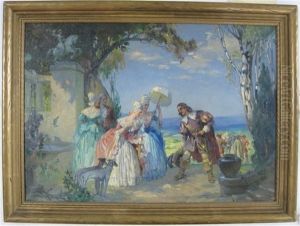 French Garden Landscape With Musketeer Greeting Two Ladies by Lajos (Louis) Jambor