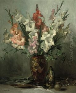 Gladioli In An Oriental Vase With Ornaments On A Draped Table