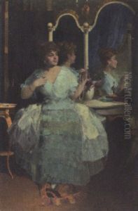 Portrat Einer Dame Im Hellblauen Chiffonkleid Im Boudoir by Lajos (Louis) Jambor