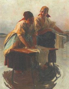 Wascherinnen Am See by Lajos (Louis) Jambor