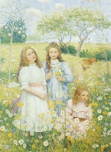 Tre Bambine In Un Prato by Lajos (Louis) Jambor