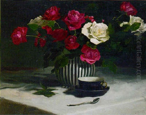 Red And White Roses In A Vase With A Cup And Saucer - view 1