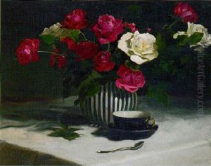 Red And White Roses In A Vase With A Cup And Saucer