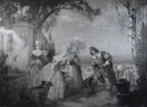 Figures And Dogs In A Garden Scene by Lajos (Louis) Jambor