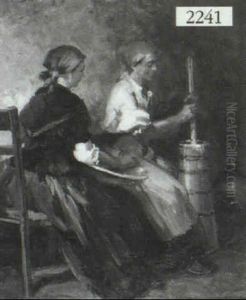 Two Peasant Women Churning Butter by Lajos (Louis) Jambor