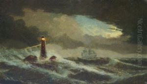 Ship In A Storm At Night Near A Lighthouse; Shipping In Rough Seas Off A Citadel (pair) by David James