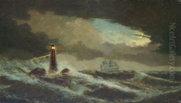 Ship In A Storm At Night Near A Lighthouse And Shipping In Rough Seas Off A Citadel (pair) - view 1