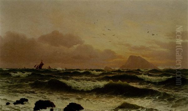 Fishing Boats Off A Rocky Coast At Sunset - view 1