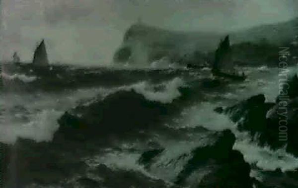 Gaffed Rigged Sailboat Along A Rocky Coastline - view 1