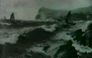 Gaffed Rigged Sailboat Along A Rocky Coastline
