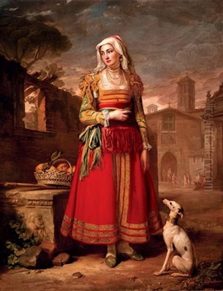 Portrait Of A Lady In Italian Costume With A Hound, In A Piazza - view 1
