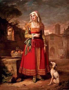 Portrait Of A Lady In Italian Costume With A Hound, In A Piazza