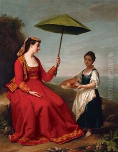 Portrait Of A Lady In A Red Dress With A Green Parasol With A Servant Presenting A Basket Of Shells Beside Her, A Bay Beyond