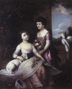 Portrait Of Emily And Georgina Mason, One In A White Dress With A Blue Sash, The Other In A Plum Coloured Dress, A Landscape Beyond