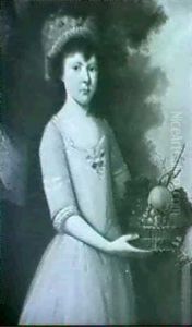 Portrait Of Miss Hawkins, Standing Three-quarter Length And Wearing A Pink Dress And Holding A Basket Of Fruit, ... Portrait Of Miss Hawkins, Standing Three-quarter Length And Wearing A Pink Dress And Holding A Basket Of Fruit, ...