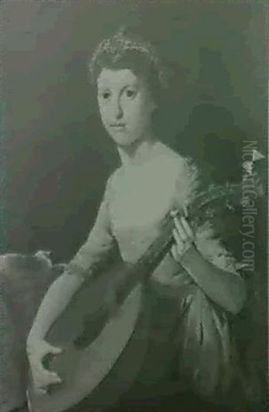 Portrait Of A Girl, Three-quarter Length, In A Pink Dress And Lace Cap, Seated At A Table Playing A Lute - view 1