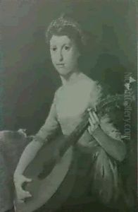 Portrait Of A Girl, Three-quarter Length, In A Pink Dress   And Lace Cap, Seated At A Table Playing A Lute