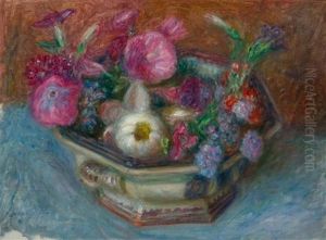 Flowers In Hexagonal Ironstone Dish by William James