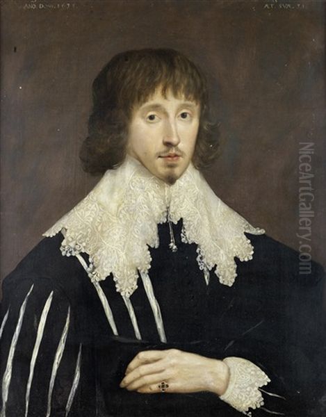 Portrait Of A Gentleman, Half-length, In A Black Tunic And A Lace Collar by George Jamesone