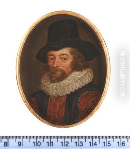 A Gentleman, Wearing Brown Figured Doublet Embellished With Pearls At The Shoulder, Black Waistcoat, White Ruff And Black Hat