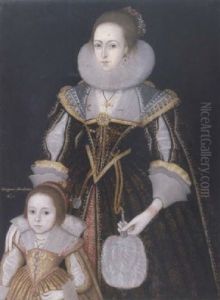 Portrait Of A Mother And Child In A Brown Brocade Dress With Slashed Sleeves Holding A Fan And A Gold Brocade Dress With Slashed Sleeves Holding A Rosebud by George Jamesone