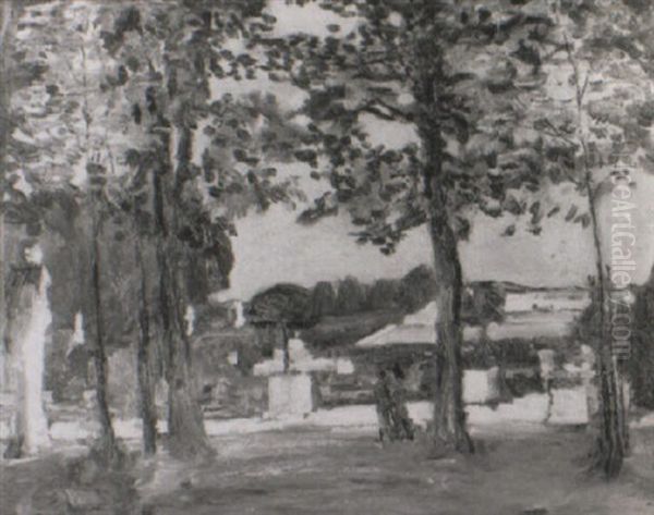 Two Figures Walking In An Ornamental Garden - view 1