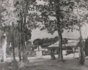 Two Figures Walking In An Ornamental Garden