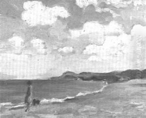 A Sandy Beach With A Figure And A Dog by Alexander Jamieson