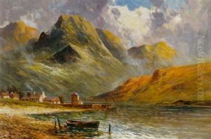 A View Of A Loch With Houses And A Dinghy On The Shore And Mountains Beyond