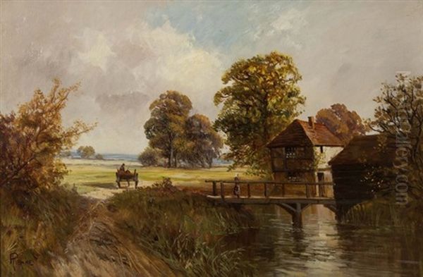 Extensive Landscape With Figure In Hay Wagon And Woman Crossing A Bridge By A Farmstead - view 1