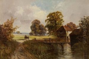 Extensive Landscape With Figure In Hay Wagon And Woman Crossing A Bridge By A Farmstead