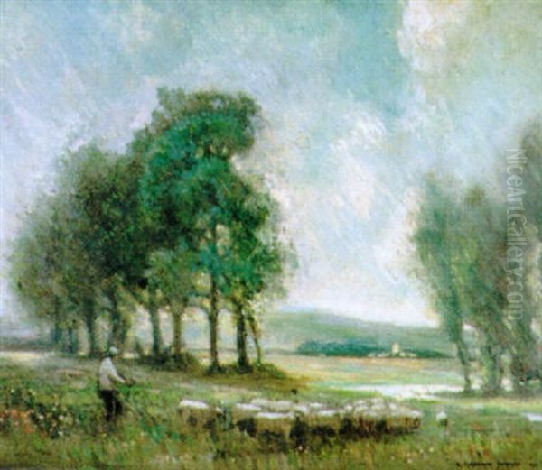 A Shepherd With His Flock In A Meadow - view 1