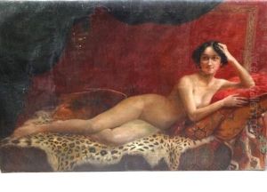 Nu Feminin Allonge Sur Une Peau De Leopard by Paul-Joseph Jamin