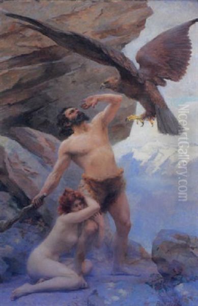 Dramatic Scene Of A Man And Woman Fighting An Eagle - view 1