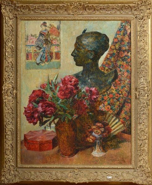 Nature Morte Aux Fleurs, Au Buste Et A L"estampe Japonaise - view 1
