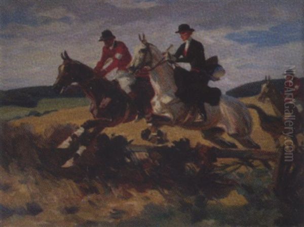 Pferde Mit Reiter, Uber Ein Hindernis Springen - view 1