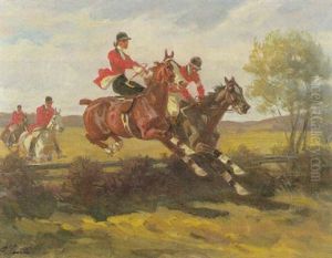 Parforcejagd. Eine Amazone Und Vier Reiter Nehmen Eine Hurde by Angelo Jank